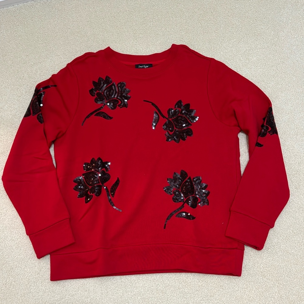 Lord & Taylor sequin embellished sweatshirt red and black